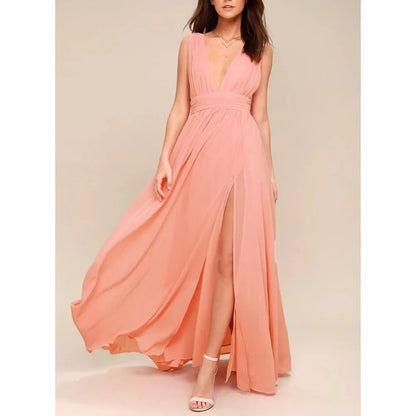 Elegant Dresses- Elegant Chiffon Maxi Dress - Plunging Neckline for Gala Nights- - IndioGear Fashion and Gear