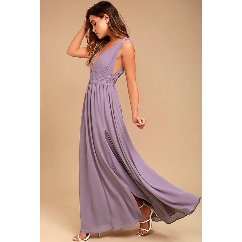 Elegant Dresses- Elegant Chiffon Maxi Dress - Plunging Neckline for Gala Nights- - IndioGear Fashion and Gear