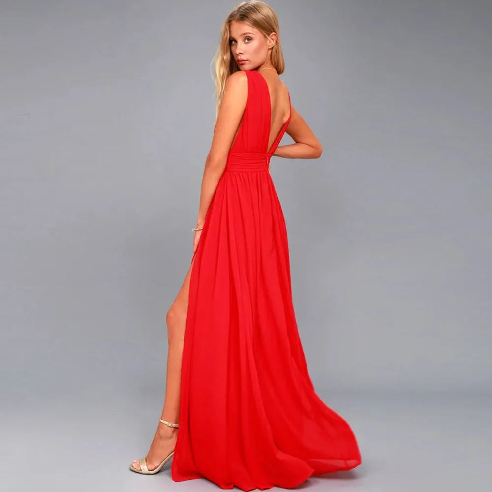 Elegant Dresses- Elegant Chiffon Maxi Dress - Plunging Neckline for Gala Nights- - IndioGear Fashion and Gear