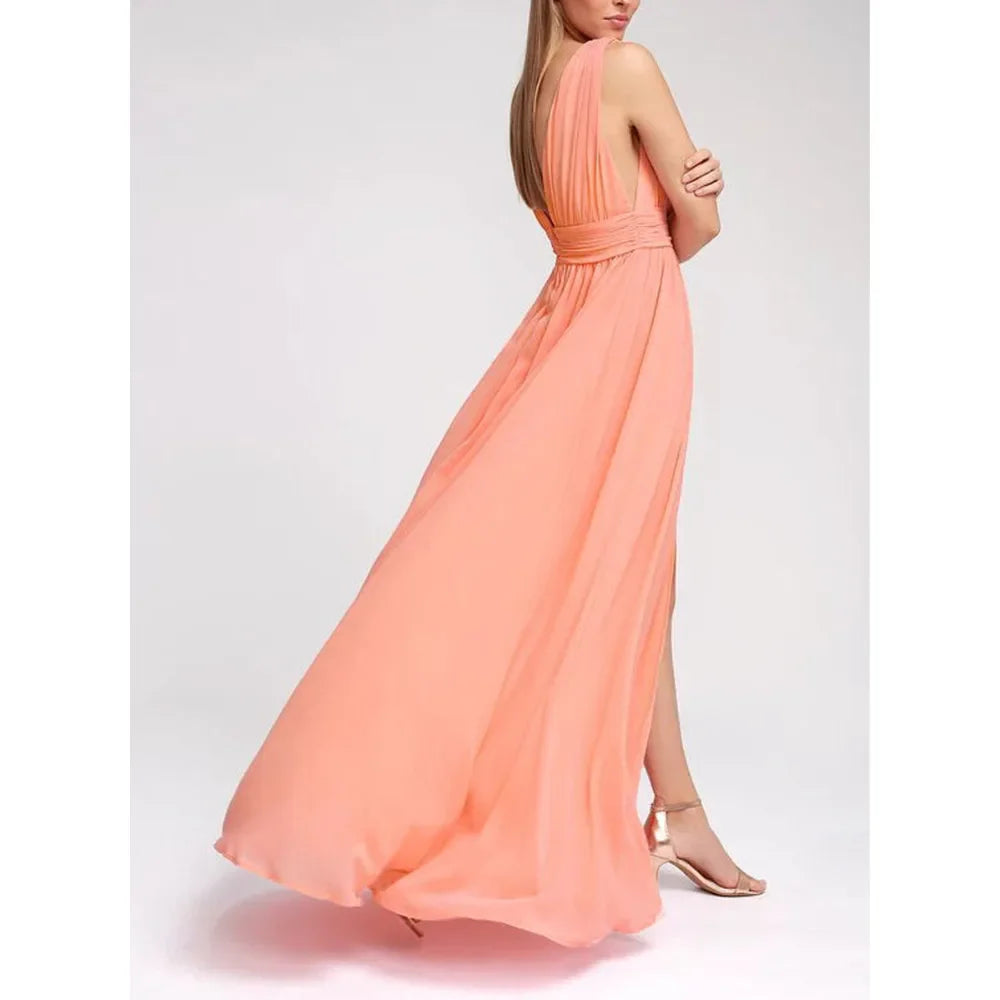 Elegant Dresses- Elegant Chiffon Maxi Dress - Plunging Neckline for Gala Nights- - IndioGear Fashion and Gear