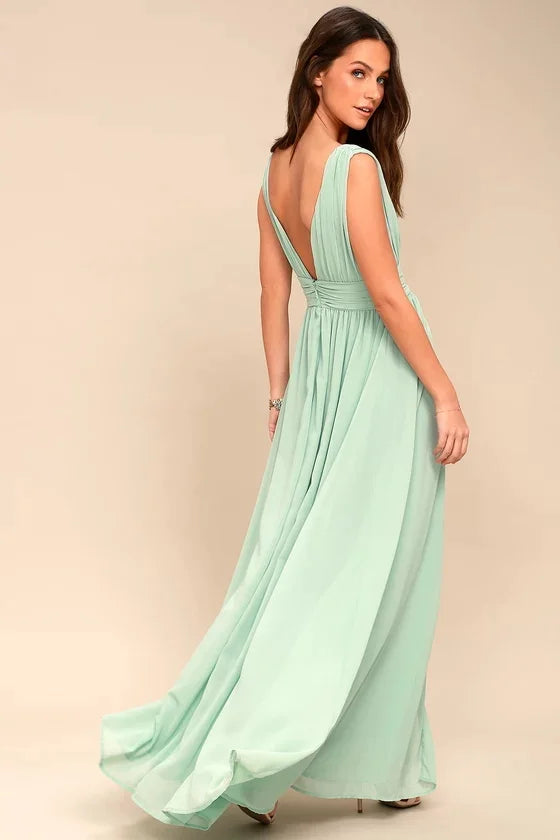 Elegant Dresses- Elegant Chiffon Maxi Dress - Plunging Neckline for Gala Nights- - IndioGear Fashion and Gear