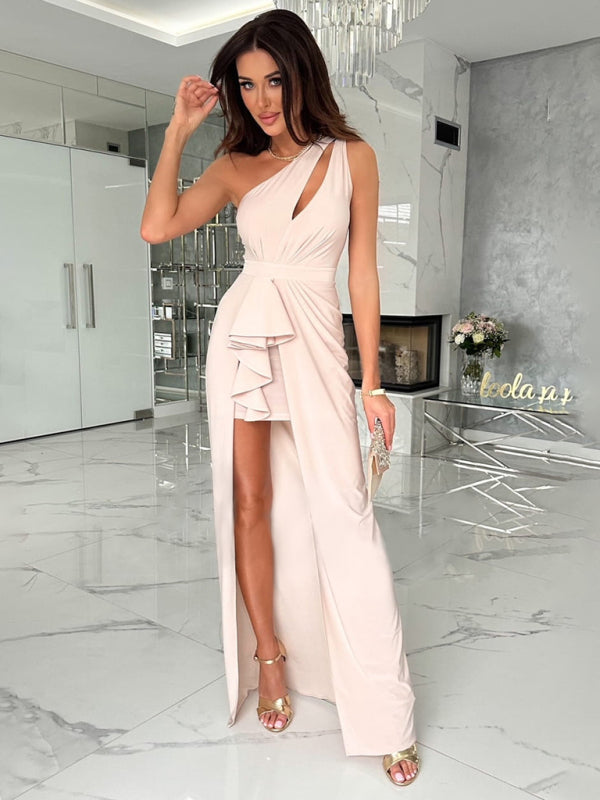 Elegant Dresses- Elegant Evening One-Shoulder Bodycon Overskirt Dress Gown- - IndioGear Fashion and Gear