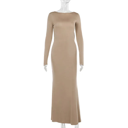 Elegant Dresses- Elegant Fall Cocktail Backless Maxi Dress- Khaki- IndioGear.com