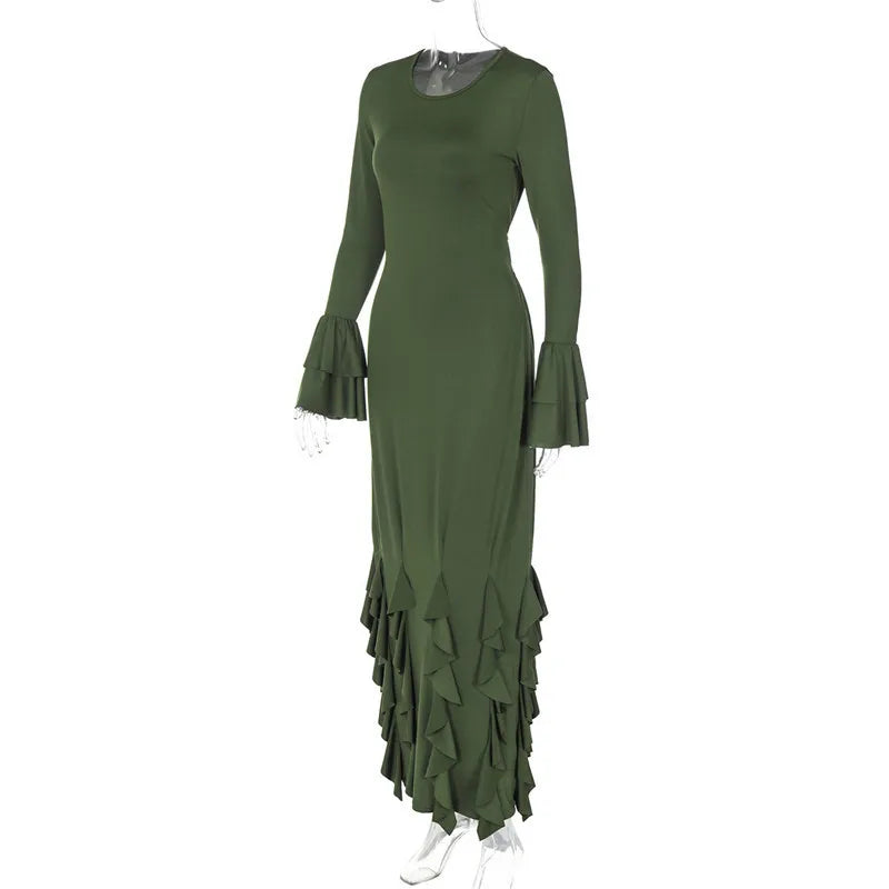 Elegant Dresses- Elegant Flowy Ruffled Evening Dress with Bell Cuffs- - IndioGear.com