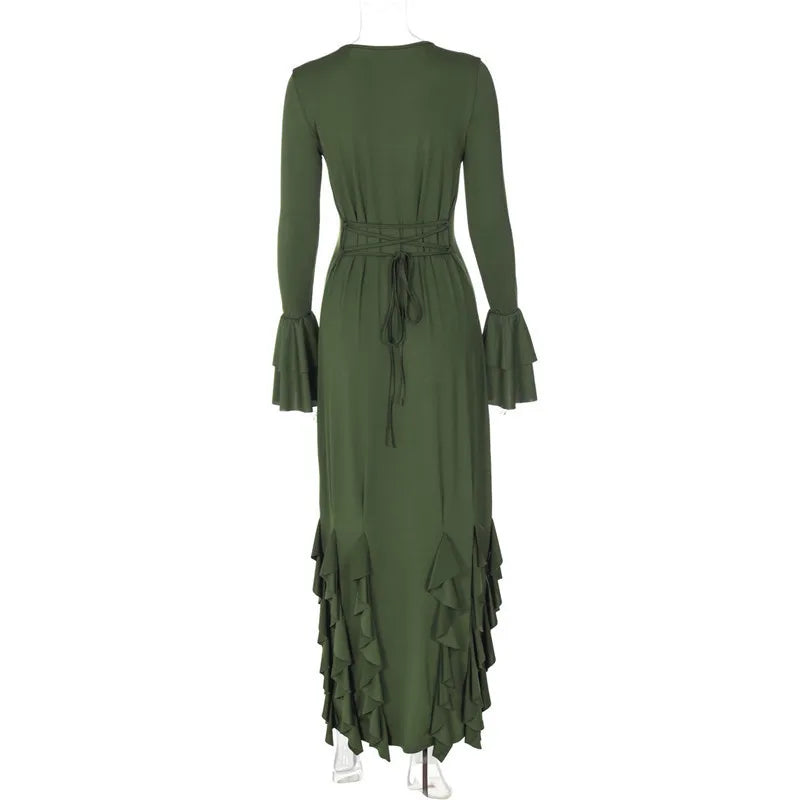 Elegant Dresses- Elegant Flowy Ruffled Evening Dress with Bell Cuffs- - IndioGear.com