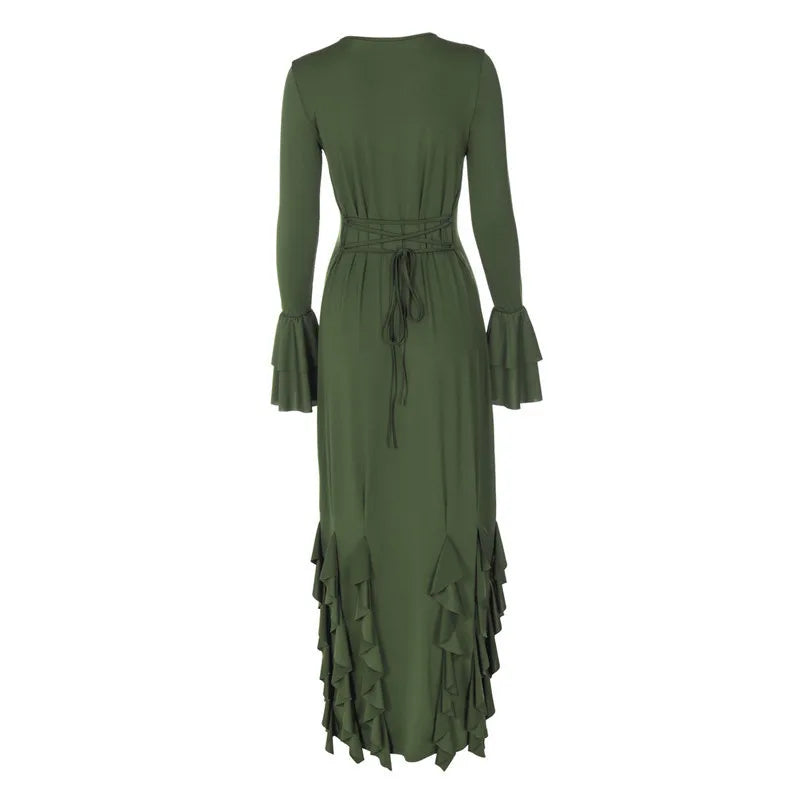 Elegant Dresses- Elegant Flowy Ruffled Evening Dress with Bell Cuffs- - IndioGear.com