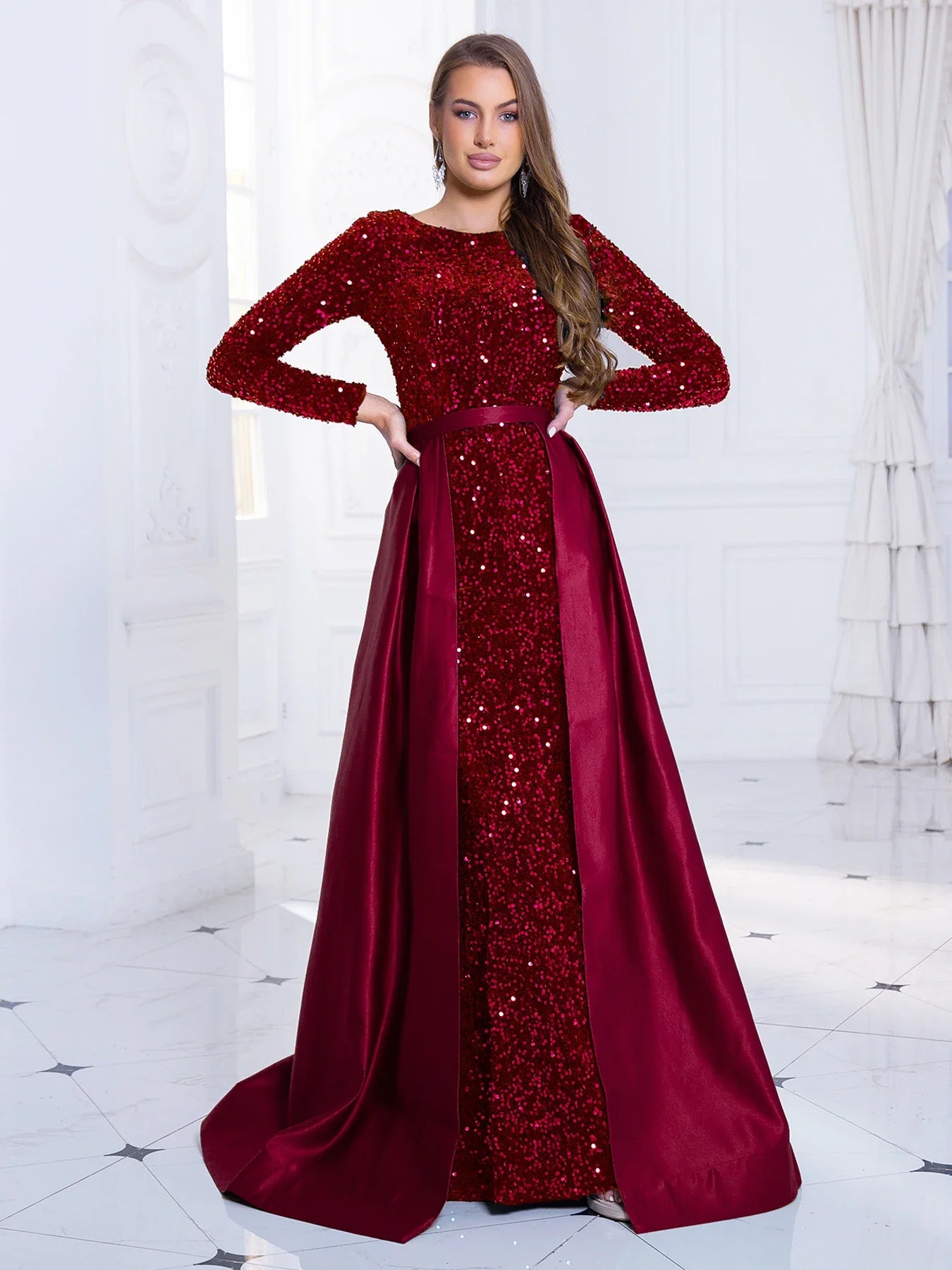 Elegant Dresses- Elegant Mermaid Gown Formal Dress with Detachable Train- Red- IndioGear.com