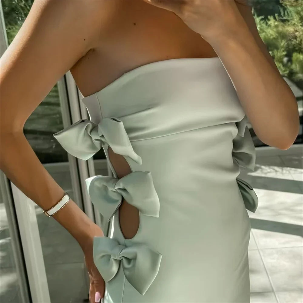 Elegant Dresses- Elegant Mint Bow-Embellished Strapless Ceremony Dress- - IndioGear Women Clothing