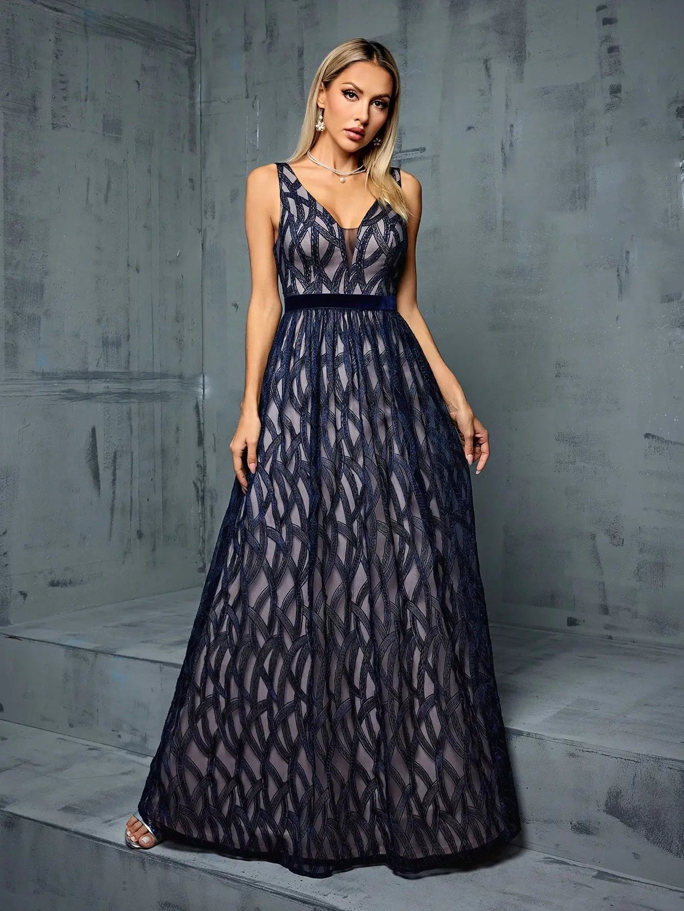 Elegant Dresses - Elegant Navy Evening Gown White Tie Overlay Dress