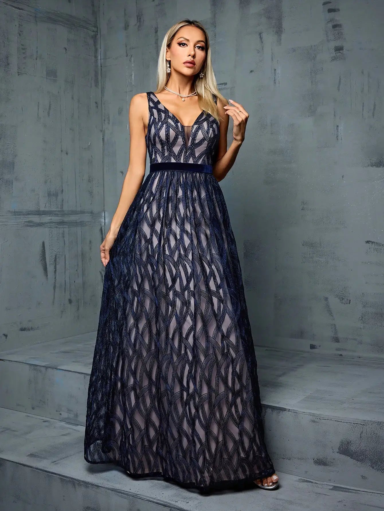 Elegant Dresses - Elegant Navy Evening Gown White Tie Overlay Dress