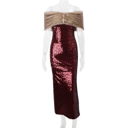 Elegant Dresses- Elegant Off Shoulder Sequin Dress with Faux Fur Shawl- - IndioGear Women Clothing