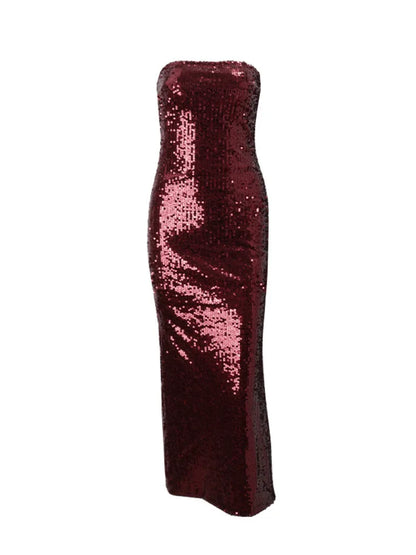 Elegant Dresses- Elegant Off Shoulder Sequin Dress with Faux Fur Shawl- Burgundy Dress- IndioGear Women Clothing