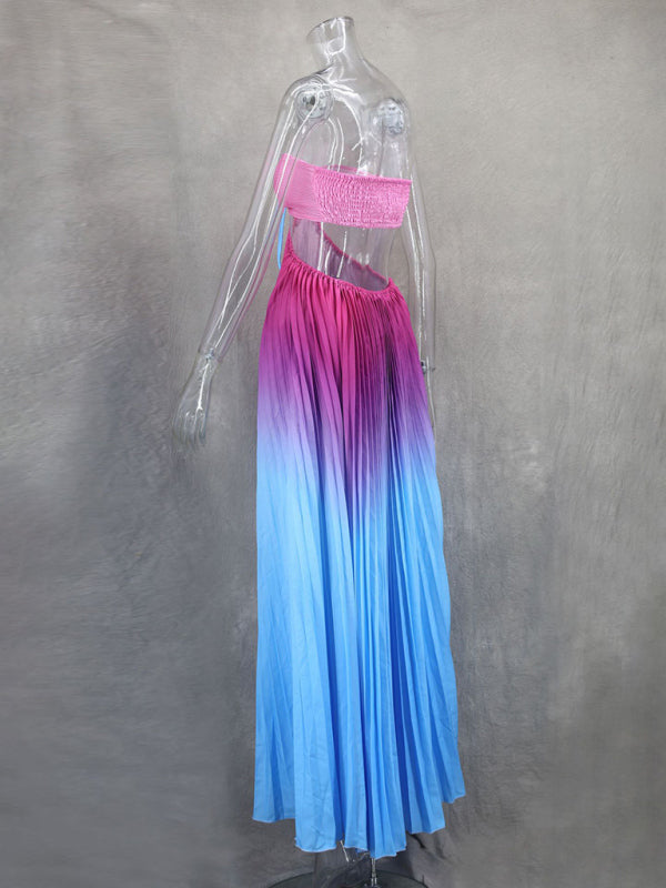 Elegant Dresses- Elegant Ombre Pleated Maxi Dress Gradient Gown- - IndioGear Women Clothing