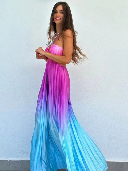 Elegant Dresses- Elegant Ombre Pleated Maxi Dress Gradient Gown- - IndioGear Women Clothing