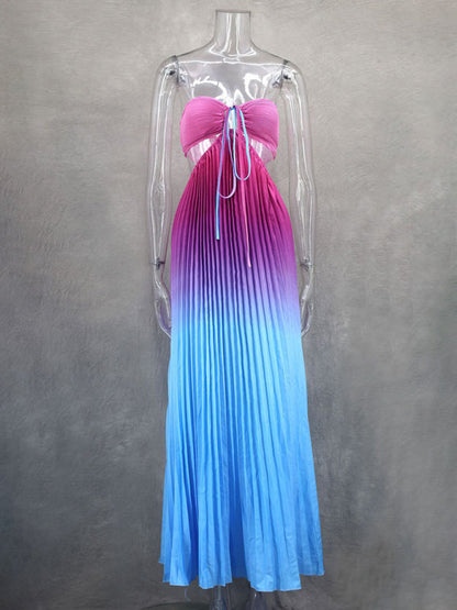 Elegant Dresses- Elegant Ombre Pleated Maxi Dress Gradient Gown- - IndioGear Women Clothing