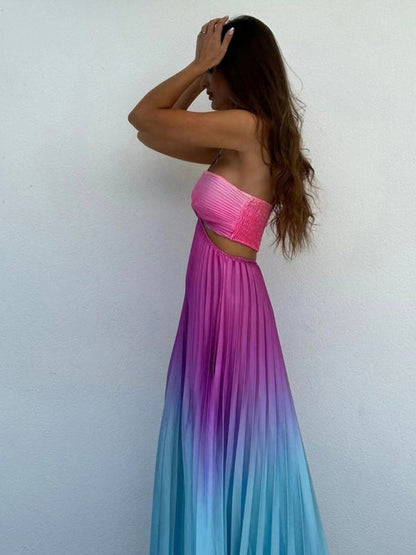 Elegant Dresses- Elegant Ombre Pleated Maxi Dress Gradient Gown- - IndioGear Women Clothing