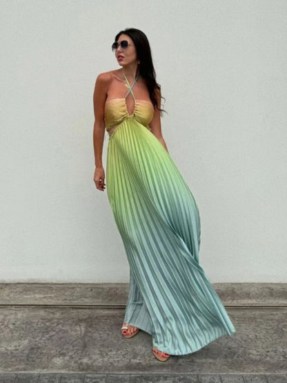 Elegant Dresses- Elegant Ombre Pleated Maxi Dress Gradient Gown- - IndioGear Women Clothing