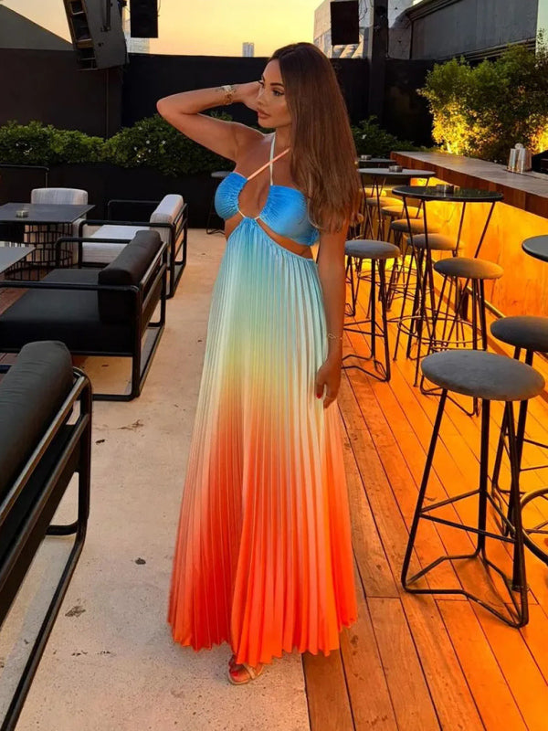 Elegant Dresses- Elegant Ombre Pleated Maxi Dress Gradient Gown- - IndioGear Women Clothing