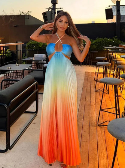 Elegant Dresses- Elegant Ombre Pleated Maxi Dress Gradient Gown- - IndioGear Women Clothing