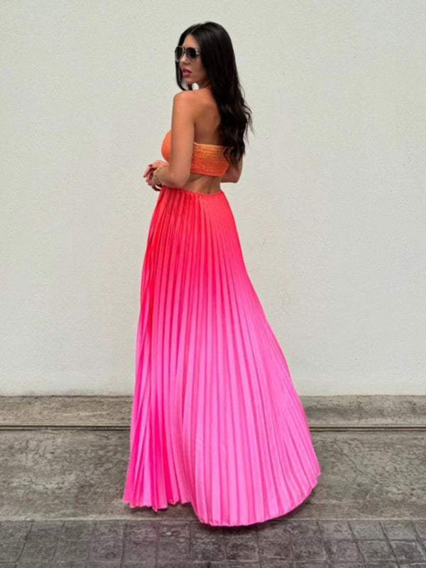 Elegant Dresses- Elegant Ombre Pleated Maxi Dress Gradient Gown- - IndioGear Women Clothing