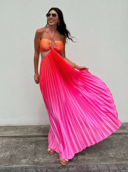 Elegant Dresses- Elegant Ombre Pleated Maxi Dress Gradient Gown- - IndioGear Women Clothing