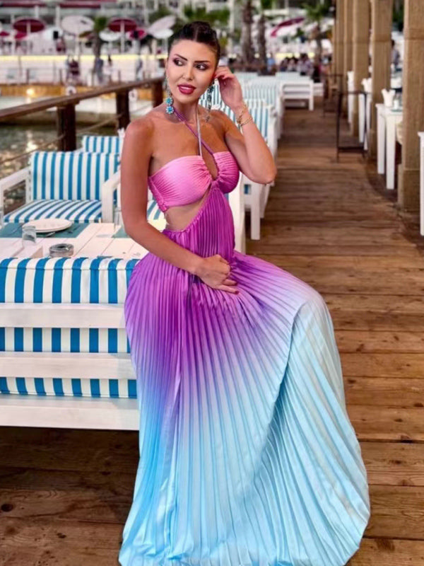 Elegant Dresses- Elegant Ombre Pleated Maxi Dress Gradient Gown- Medium purple- IndioGear Women Clothing