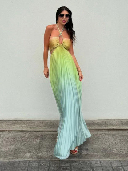 Elegant Dresses- Elegant Ombre Pleated Maxi Dress Gradient Gown- - IndioGear Women Clothing