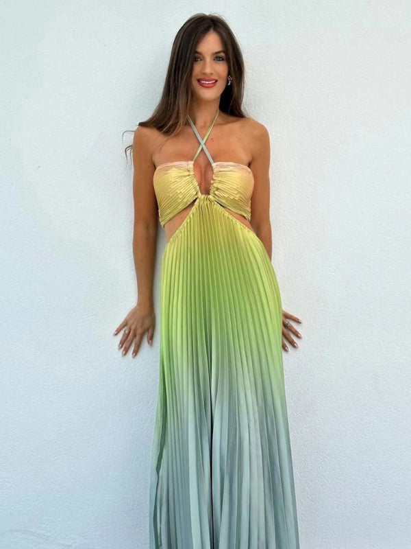 Elegant Dresses- Elegant Ombre Pleated Maxi Dress Gradient Gown- Yellow green- IndioGear Women Clothing