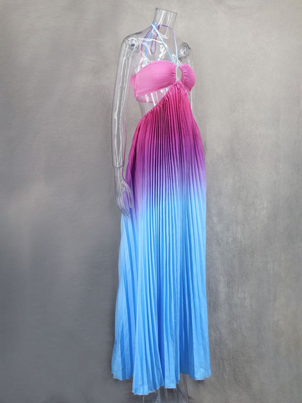 Elegant Dresses- Elegant Ombre Pleated Maxi Dress Gradient Gown- - IndioGear Women Clothing