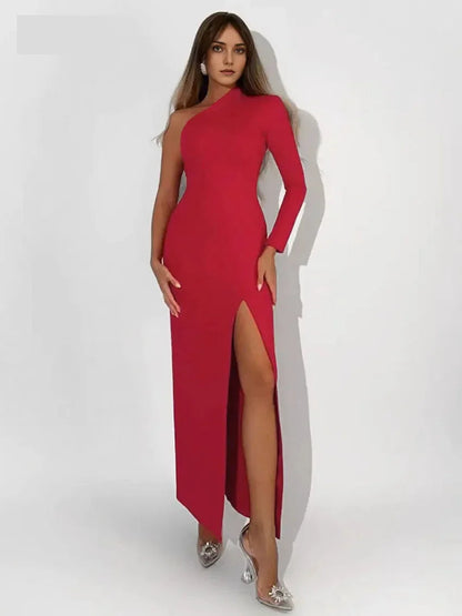 Elegant Dresses- Elegant One-Shoulder Evening Dress with Side Slit- Red- IndioGear.com