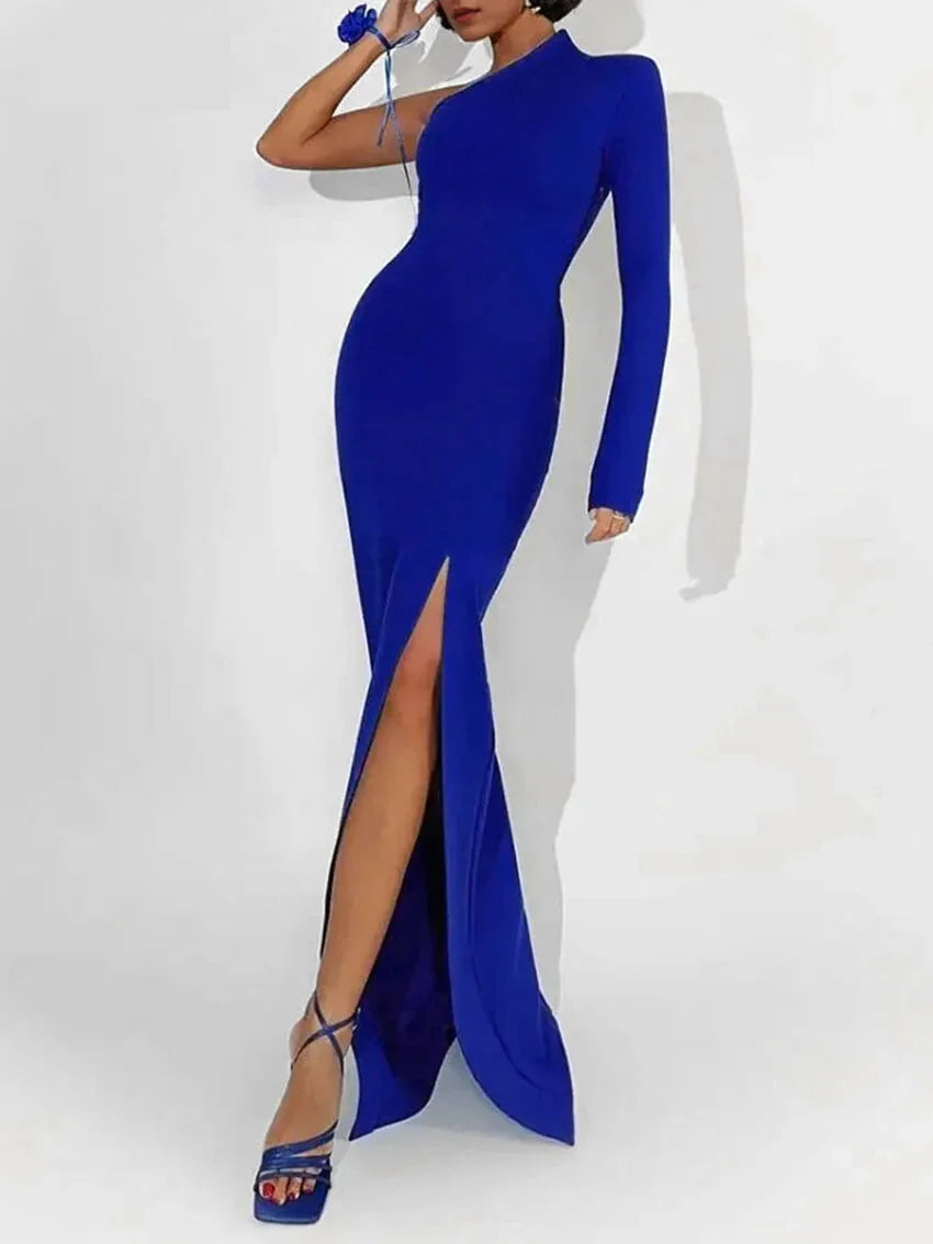 Elegant Dresses- Elegant One-Shoulder Evening Dress with Side Slit- Blue- IndioGear.com