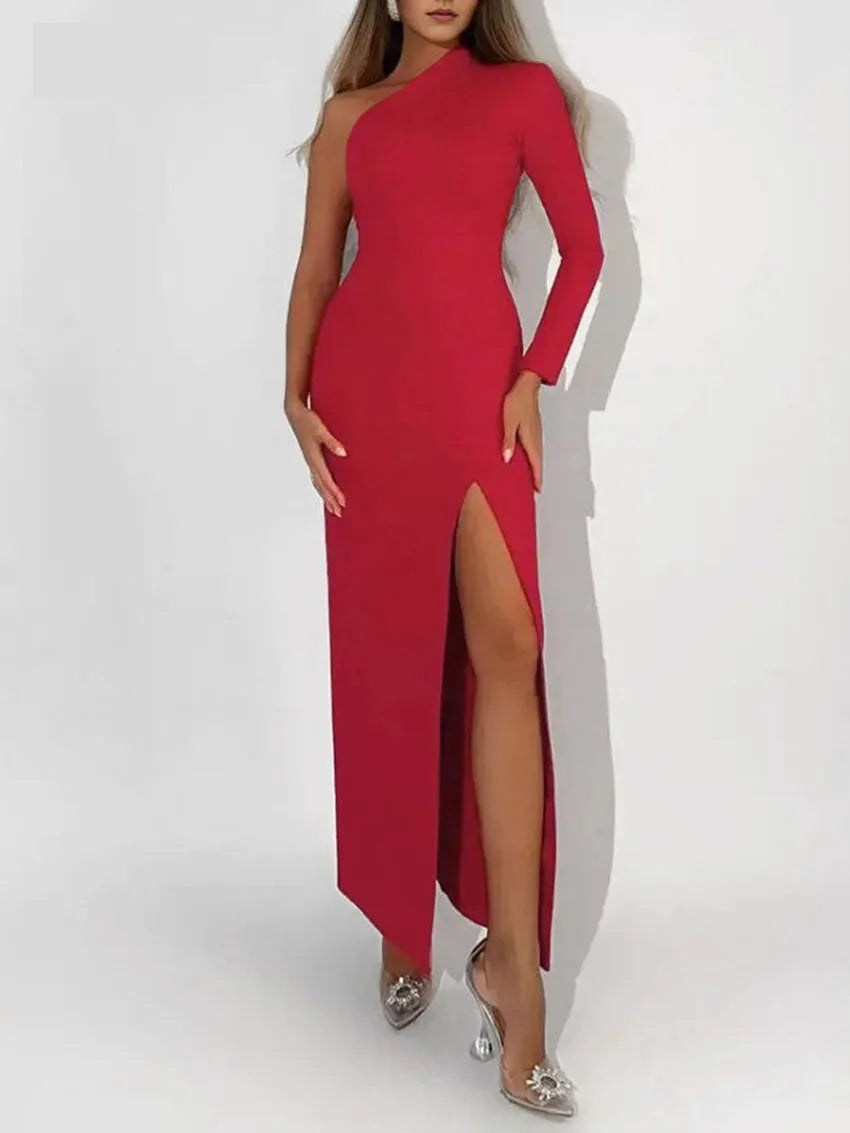 Elegant Dresses- Elegant One-Shoulder Evening Dress with Side Slit- - IndioGear.com