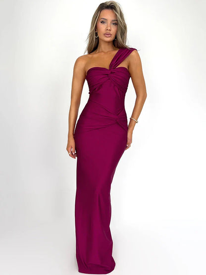 Elegant Dresses- Elegant One-Shoulder Knot-Bust Mermaid Maxi Dress for Weddings- Wine Red- IndioGear.com