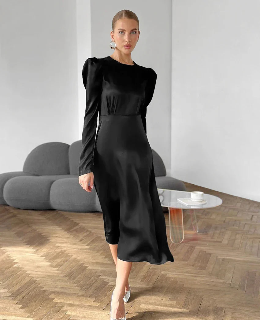 Elegant Dresses- Elegant Puff Sleeve Cocktail Dress Tailored LBD- Black- IndioGear Women Clothing