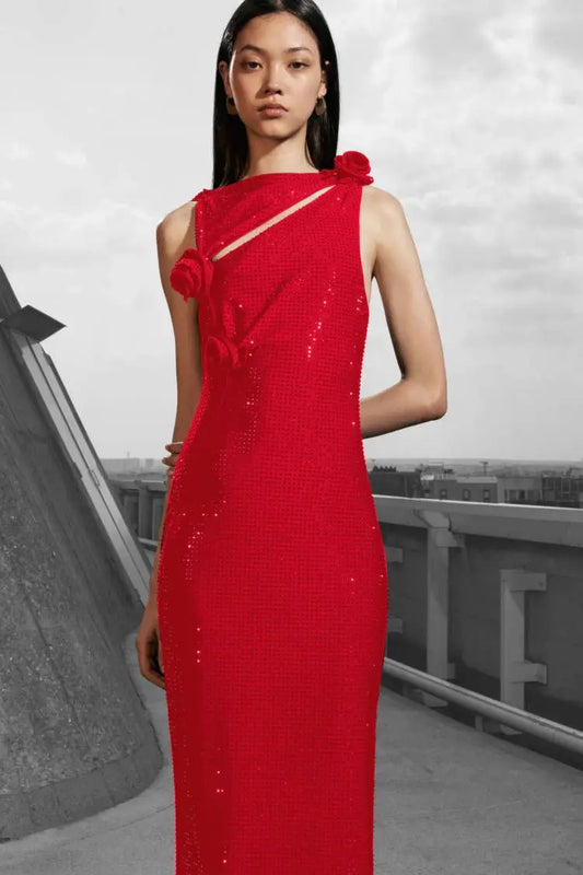 Elegant Dresses- Minimalist Red Rhinestone Sheath Dress- - IndioGear