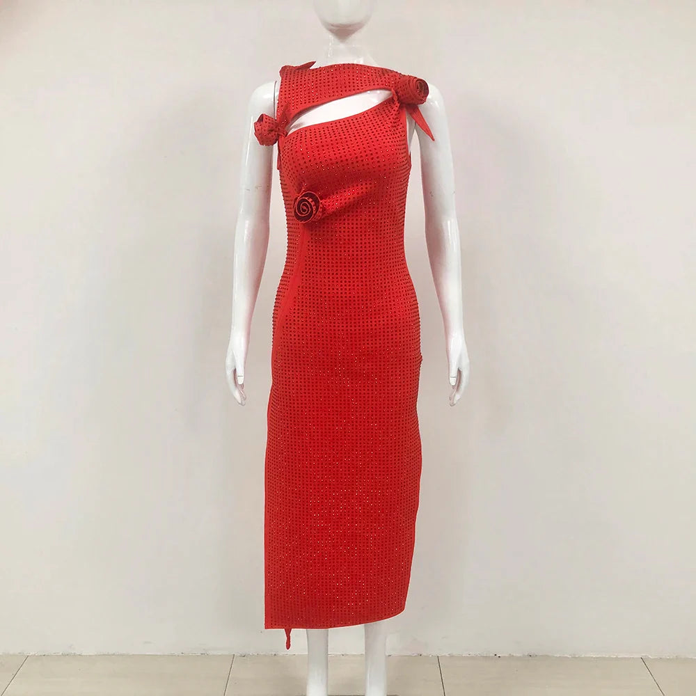 Elegant Dresses- Minimalist Red Rhinestone Sheath Dress- - IndioGear