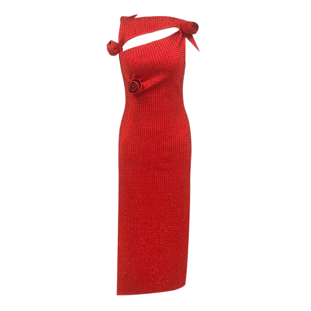 Elegant Dresses- Minimalist Red Rhinestone Sheath Dress- - IndioGear