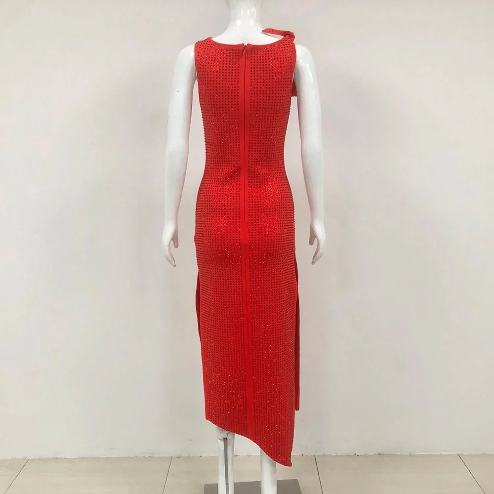 Elegant Dresses- Minimalist Red Rhinestone Sheath Dress- - IndioGear