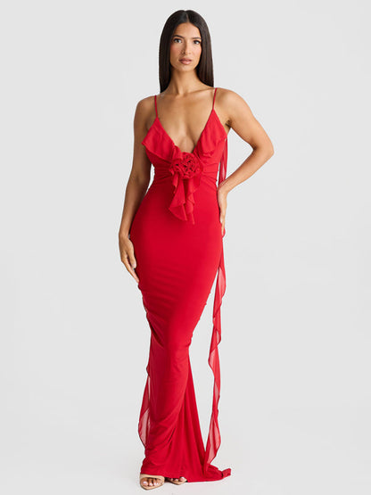 Elegant Dresses- Elegant Red Dress with Chiffon Details Backless Evening Gown- - IndioGear Women Clothing