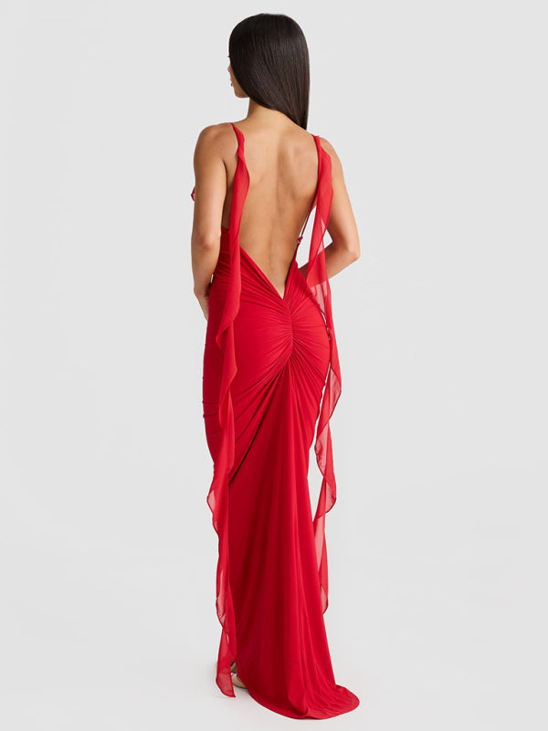 Elegant Dresses- Elegant Red Dress with Chiffon Details Backless Evening Gown- - IndioGear Women Clothing