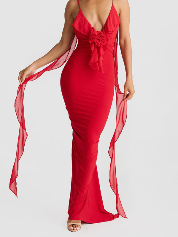 Elegant Dresses- Elegant Red Dress with Chiffon Details Backless Evening Gown- - IndioGear Women Clothing