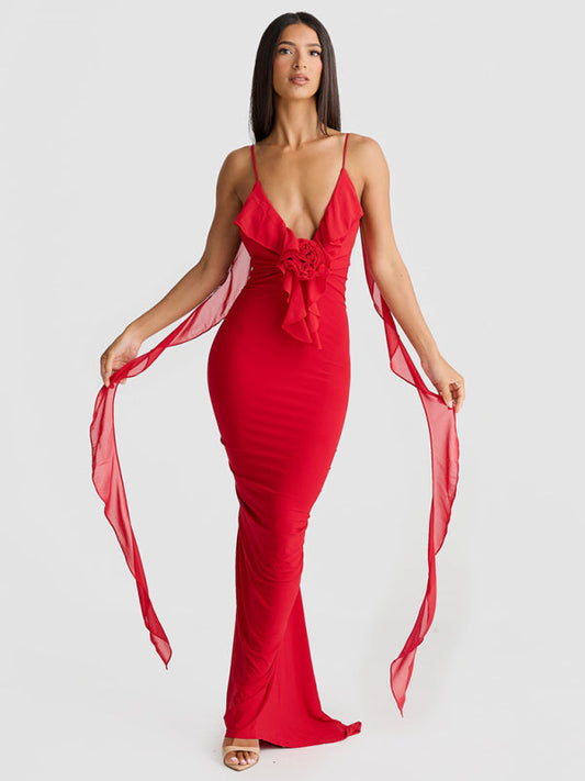 Elegant Dresses- Elegant Red Dress with Chiffon Details Backless Evening Gown- Red- IndioGear Women Clothing