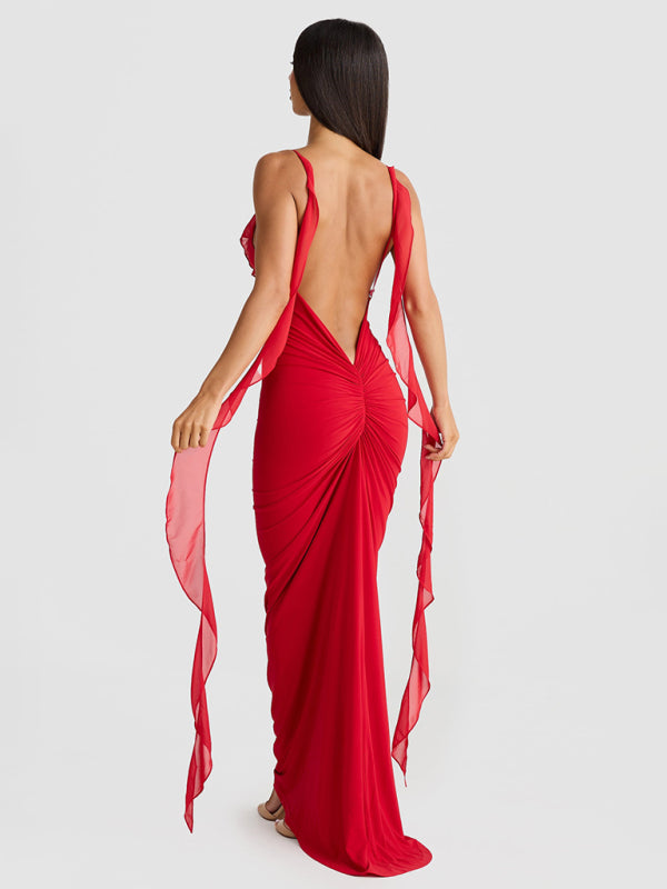 Elegant Dresses- Elegant Red Dress with Chiffon Details Backless Evening Gown- - IndioGear Women Clothing