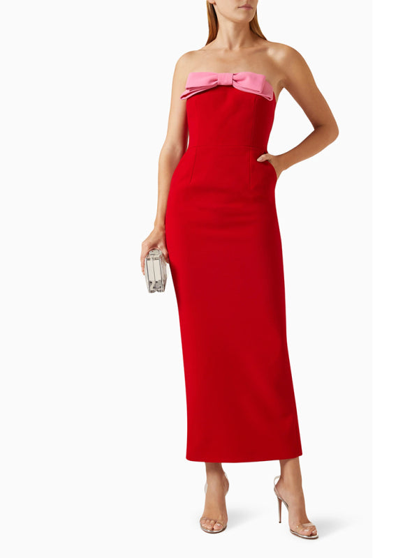 Elegant Dresses- Elegant Red Strapless Midi Dress with Pink Bow- - IndioGear Women Clothing