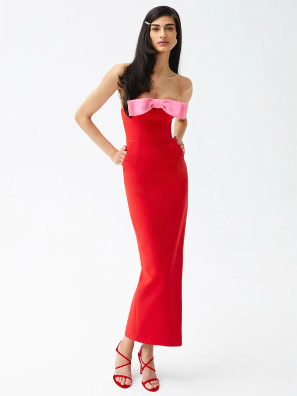 Elegant Dresses- Elegant Red Strapless Midi Dress with Pink Bow- - IndioGear Women Clothing