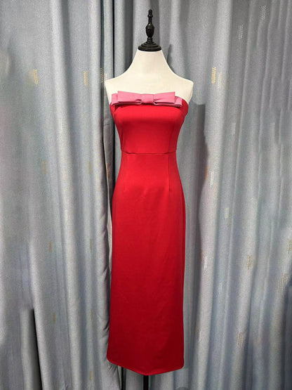 Elegant Dresses- Elegant Red Strapless Midi Dress with Pink Bow- - IndioGear Women Clothing