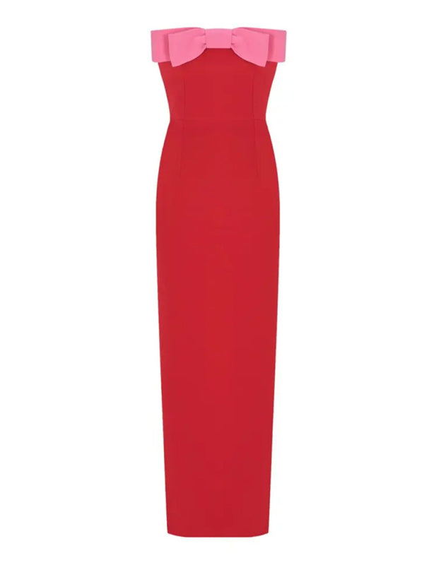 Elegant Dresses- Elegant Red Strapless Midi Dress with Pink Bow- - IndioGear Women Clothing