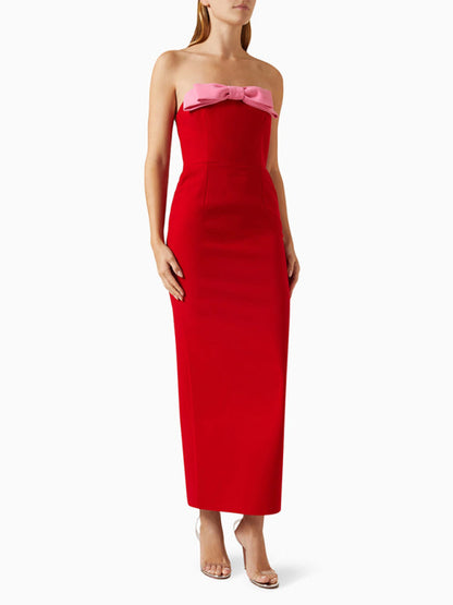 Elegant Dresses- Elegant Red Strapless Midi Dress with Pink Bow- - IndioGear Women Clothing