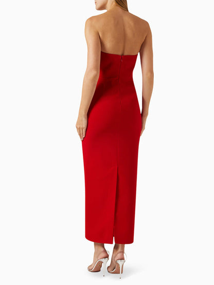 Elegant Dresses- Elegant Red Strapless Midi Dress with Pink Bow- - IndioGear Women Clothing