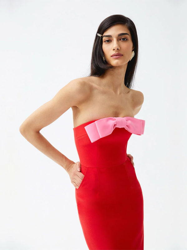 Elegant Dresses- Elegant Red Strapless Midi Dress with Pink Bow- - IndioGear Women Clothing